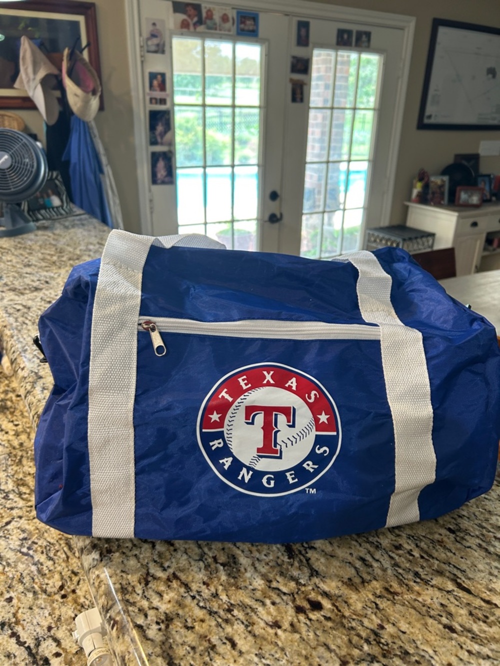 Texas Rangers Blue Duffel Bag with White Straps